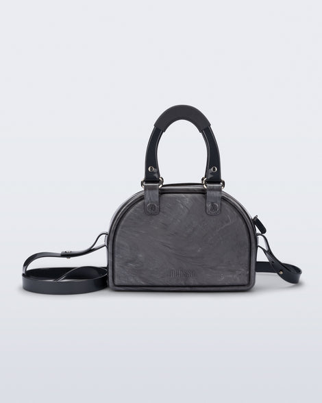 Front view of a grey Bowling bag with black handle strap and cross body strap