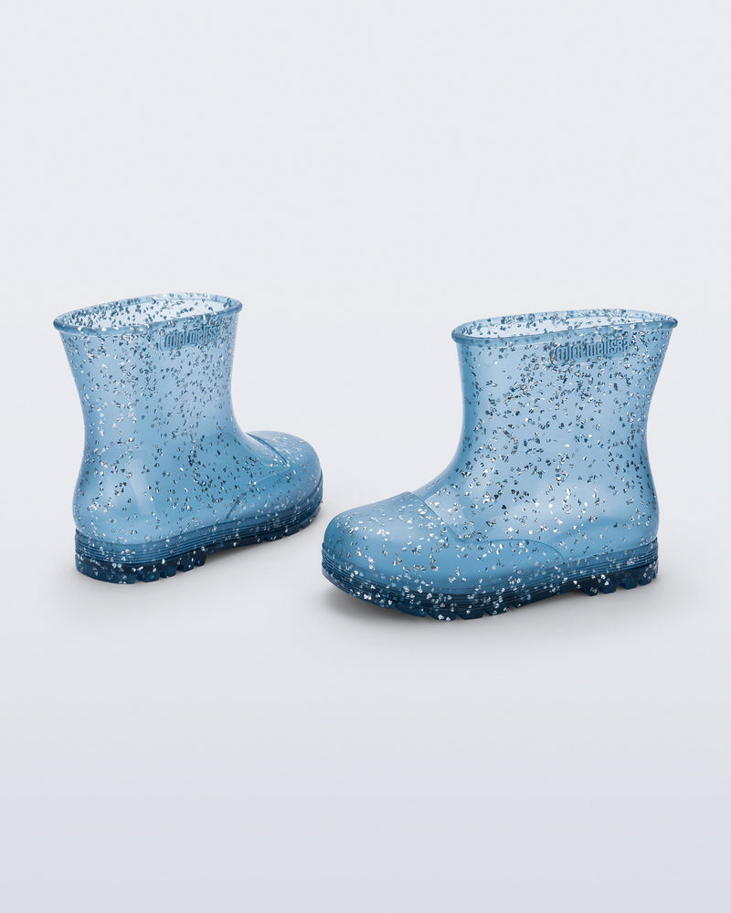 Back and side view of a pair of blue glitter Welly baby rain boots
