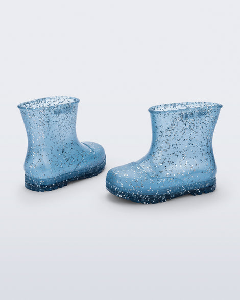 Back and side view of a pair of blue glitter Welly baby rain boots