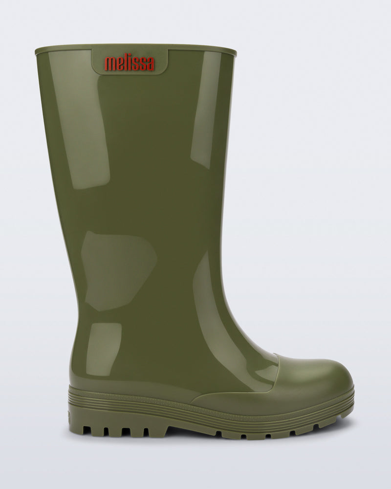 Side view of an army green Welly rain boot