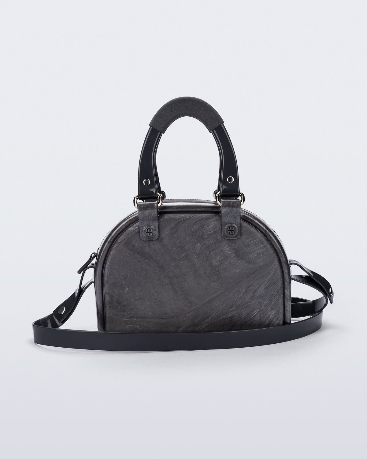 Back view of a grey Bowling bag with black handle strap and cross body strap