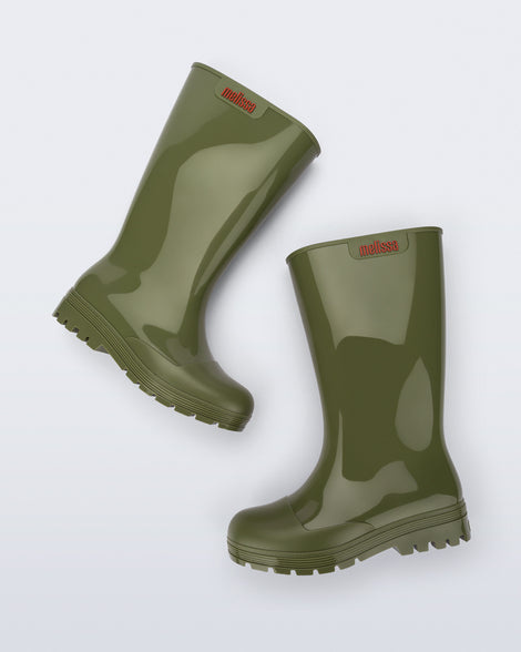 Top view of a pair of army green Welly rain boots