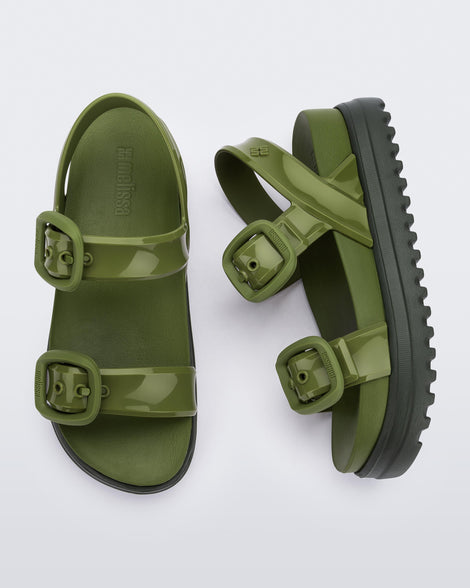 Top and side view of a pair of green Cozy Sandal Platforms with dark green soles