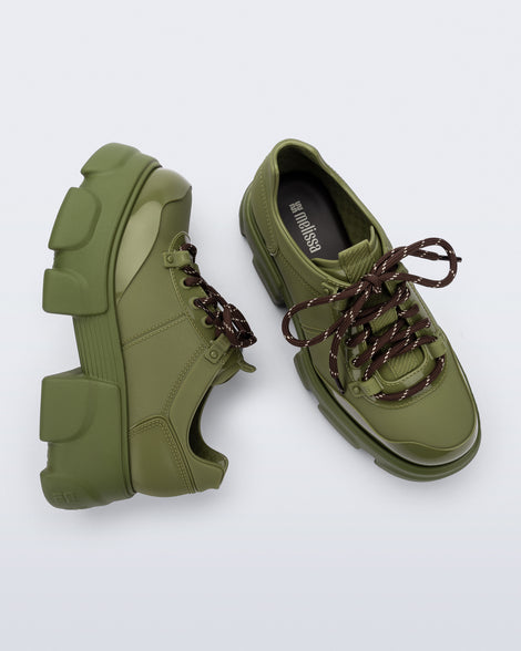 Top and side view of a pair of army green Camp platform Sneakers with brown laces