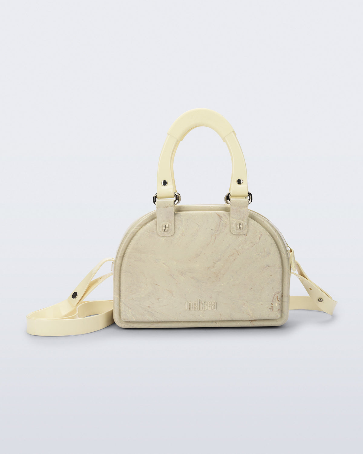 Front view of a beige Bowling bag with handle strap and cross body strap
