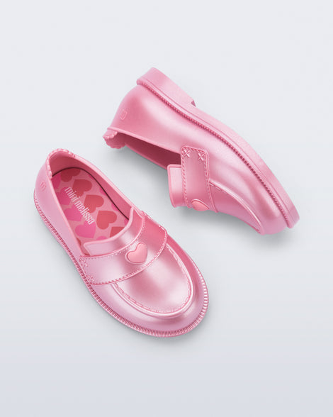 Back and top view of a pair of metallic pink Royal Love baby loafers