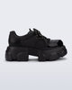 Side view of a black Camp platform Sneaker with black laces