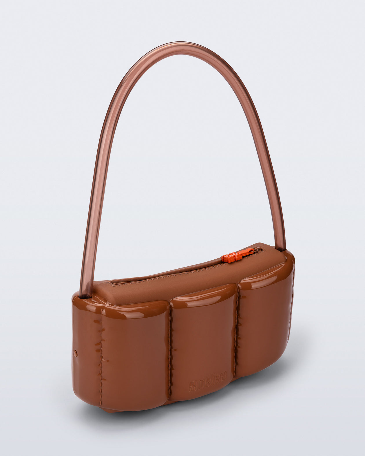 Angled view of a brown Airflow bag with clear brown shoulder strap
