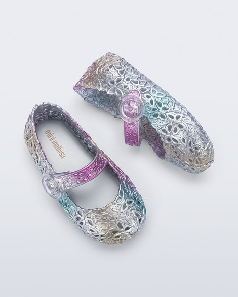Top and side view of a pair of pearly multicolor Pollen baby flats