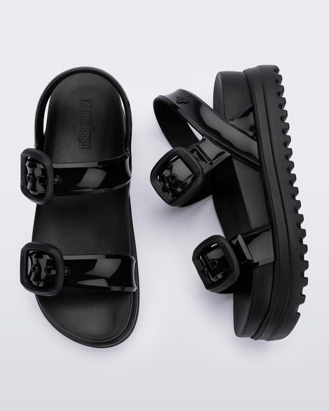 Top and side view of a pair of black Cozy Sandal Platforms