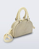 Angled view of a beige Bowling bag with handle straps and cross body strap