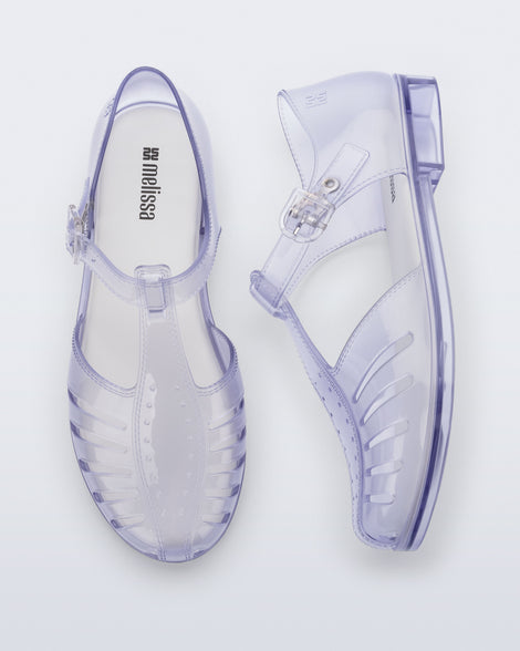 Top and side view of a pair of clear Aranha 79 flats with buckle