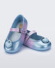 Angled view of a pair of blue/lilac Soft Ballerina Princess baby flats with a blue heart on top