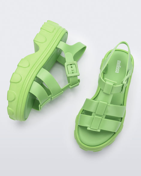 Side and top view of a pair of green Ella women's platform sandals