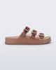 Side view of a brown Cozy Stripes sandal with transparent brown upper with 3 buckles