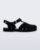 Side view of a flocked black Possession Velvet fisherman sandal