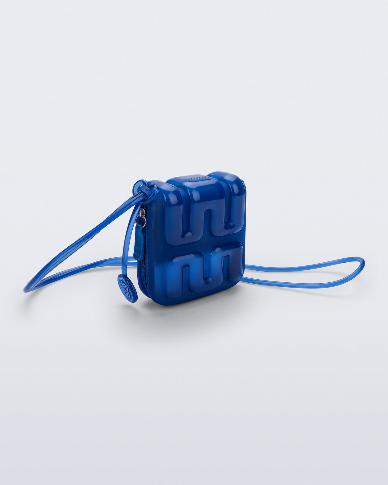 Front view of a blue Jelly Wallet with inside pocket and zipper