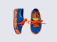 Side and top view of a pair of blue/orange Street Mickey & Friends baby sneaker with blue shoe laces