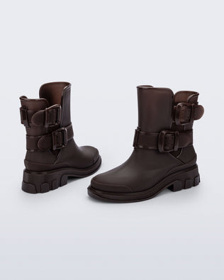 Back and angled view of a pair of brown Bang Boots with two side buckles
