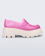 Side view of a transparent pink Royal High + Undercover platform loafer with beige sole. 
