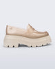 Side view of a transparent beige Royal High + Undercover platform loafer with beige sole. 