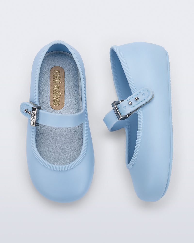 Top and side view of a pair of blue Soft Ballerina baby flats