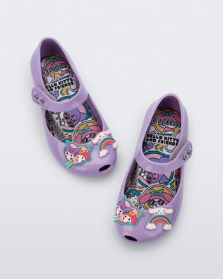 Top view of a pair of lilac Ultragirl + Hello Kitty and Friends baby flats with Hello Kitty Friends on the upper