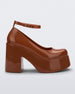 Side view of a brown Melissa Doll Heel platform with ankle strap.