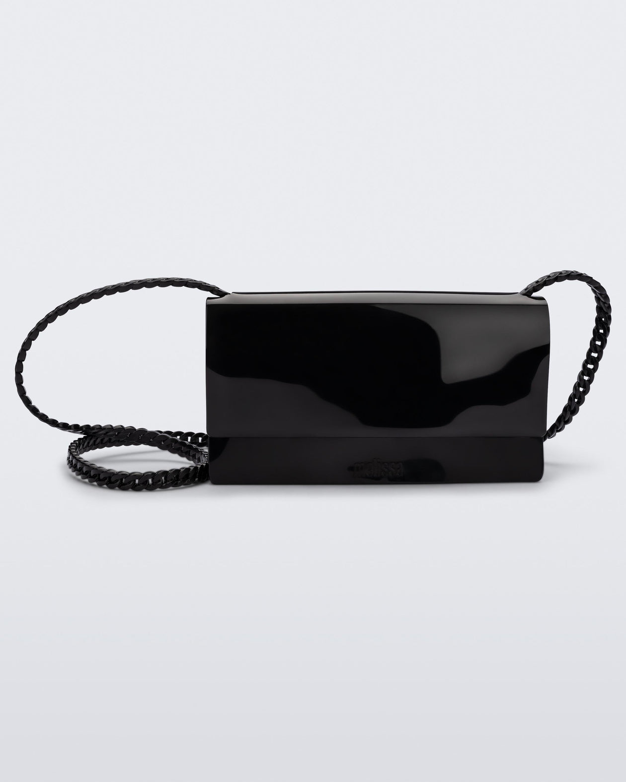 Front view of the Melissa party handbag in black with braided strap.