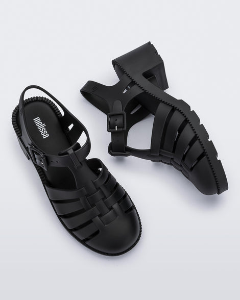 Side and top view of a pair of black Possession Heel women's fisherman style sandals.