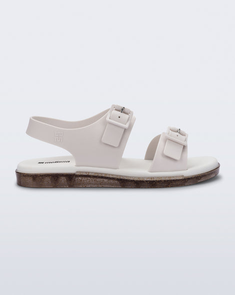 Side  view of a beige Wave Sandal with two straps with buckles and a back strap