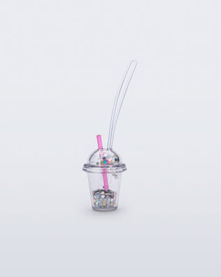 back view of a clear drink charm with pink straw