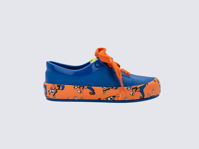 Side view of a blue/orange Street Mickey & Friends baby sneaker with orange shoe laces
