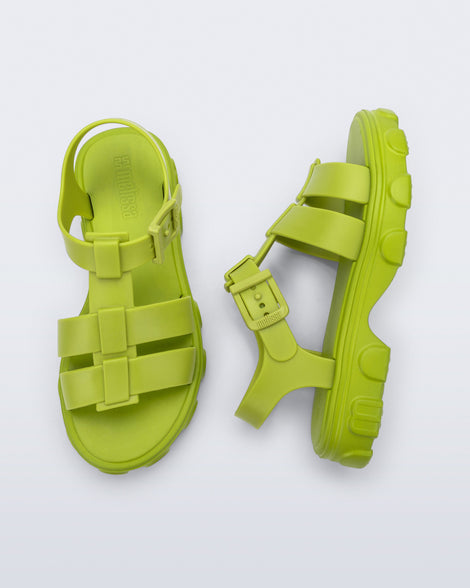 Top and side view of a pair of green Ella sandals
