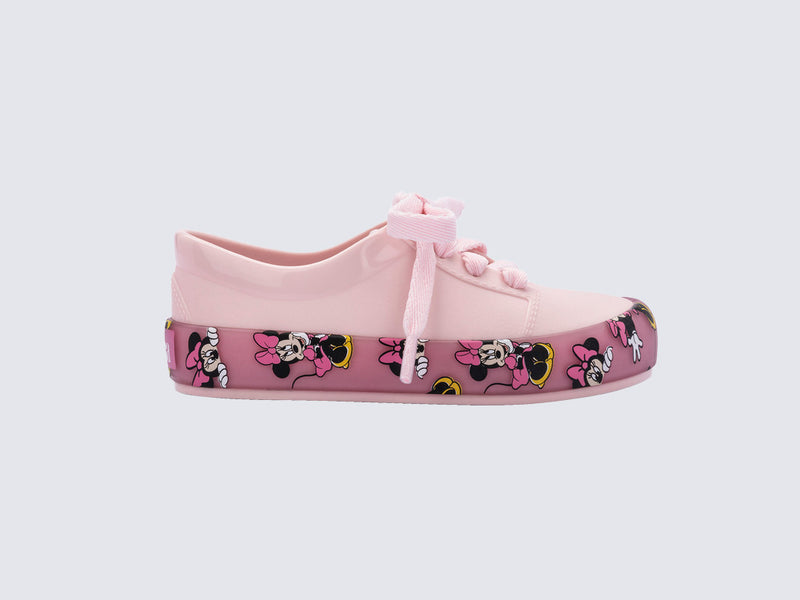 Side view of a pink Street Mickey & Friends baby sneaker with pink shoe laces