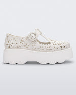 Side view of a white Kick Off Lace women's platform shoe with buckle.