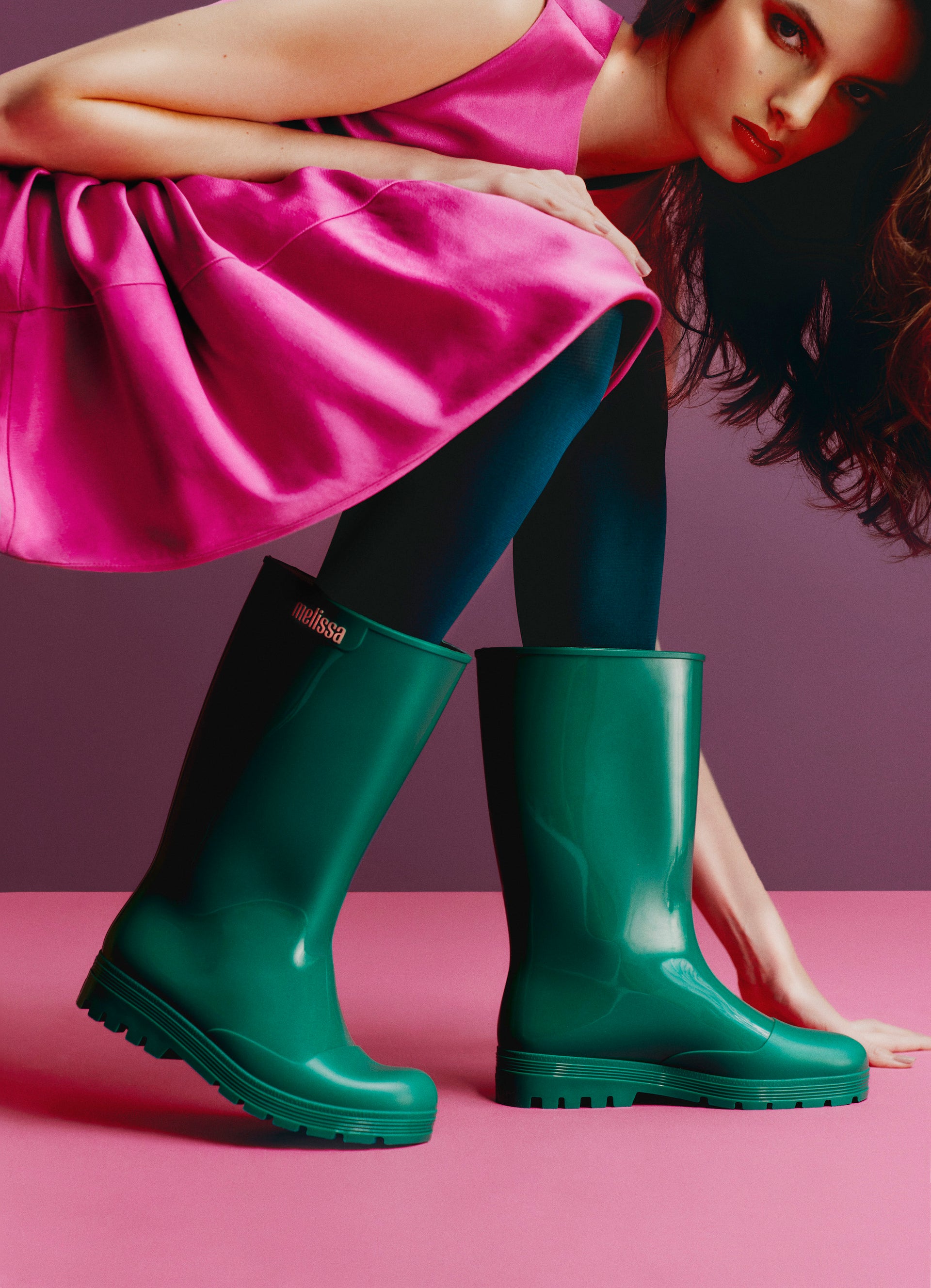 Model wearing the Green Welly Rain Boots