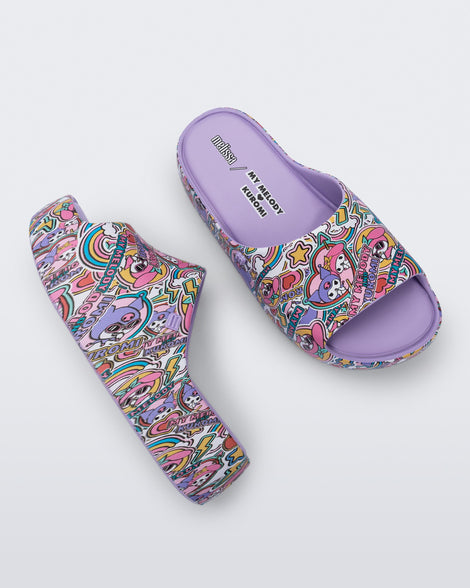 Top view of a pair of purple Hello Kitty + Friends Free Platform with Hello Kitty and Friends print