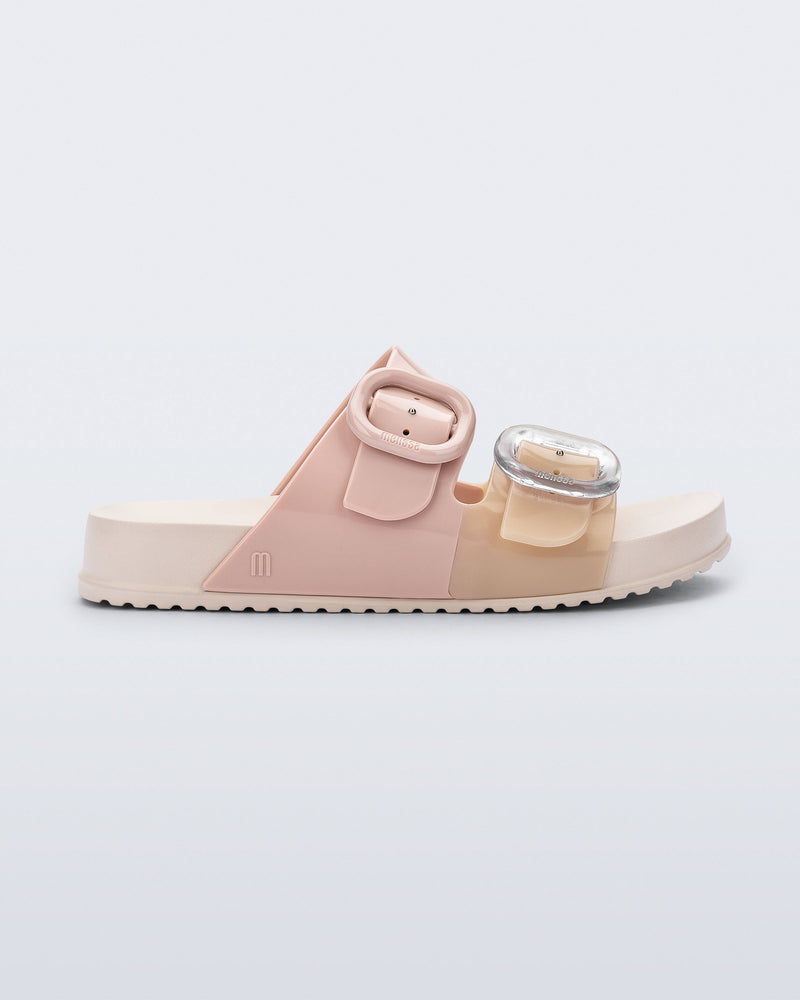 Side view of a pink/beige Cozy kids slide with two buckles