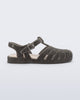 Side view of a grey fuzzy Possession Warm fisherman sandal with beige insole