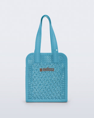 Front view of a blue Harper bag with shoulder straps