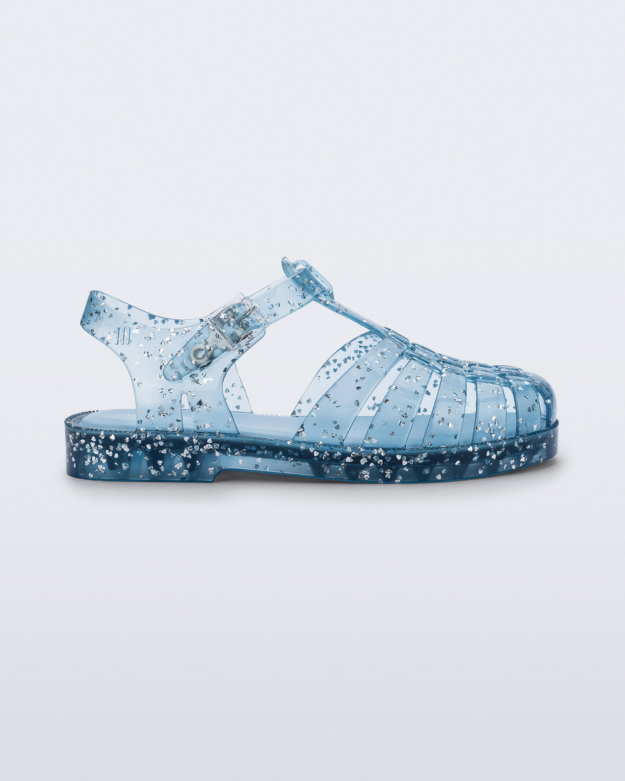 Side view of a blue Possession kids sandal with heart glitter