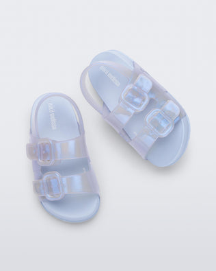 Top view of a pair of pearly blue Cozy Sandals