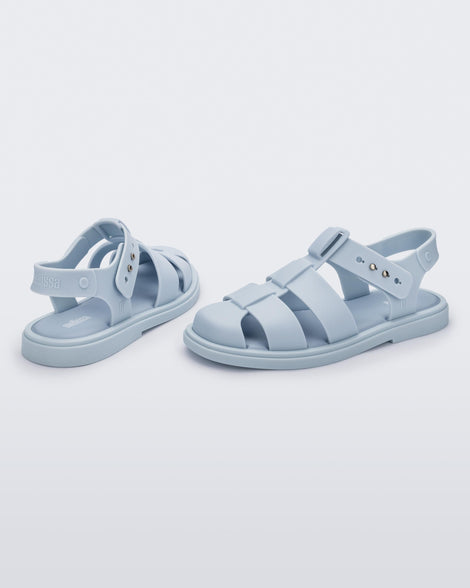 Back and side angled view of a pair of blue Emma women's sandals.