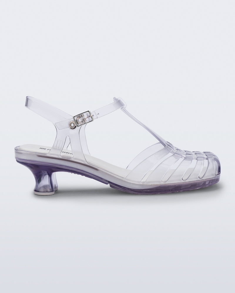Side view of a clear Vixen Kitten Heel sandal