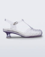 Side view of a clear Vixen Kitten Heel sandal