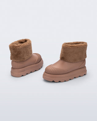 Back and angled view of a pair of brown Warm Boot with fuzzy cuff and insole