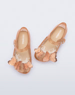 Top view of beige glitter Ultragirl Butterfly baby flats with butterflies on top