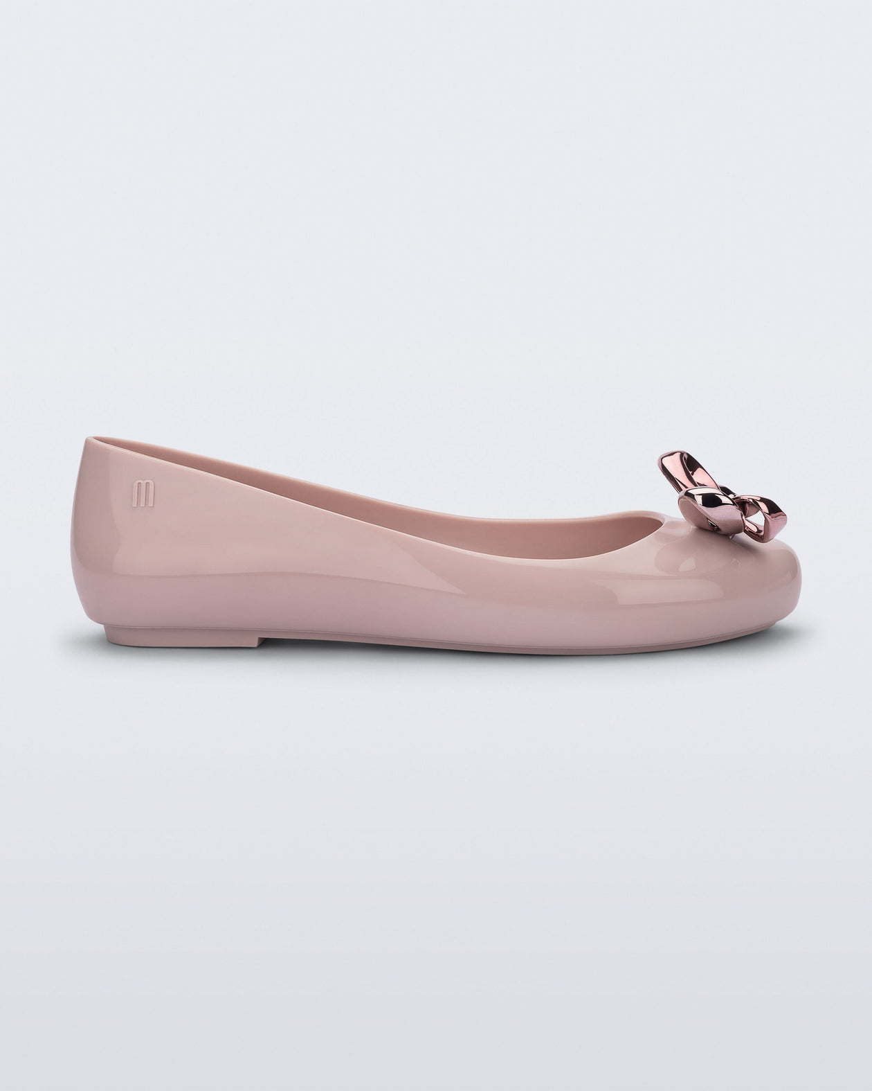 Side view of a pink Sweet Love Glam ballerina flat with pink chrome bow