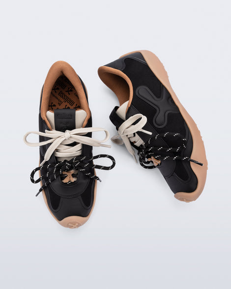 Top and side view of a pair of black X Bend sneakers with beige sole